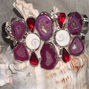 Charming Raspberry Solar Quartz Druzy + Shiva Shell + Garnet multi-gem cuff